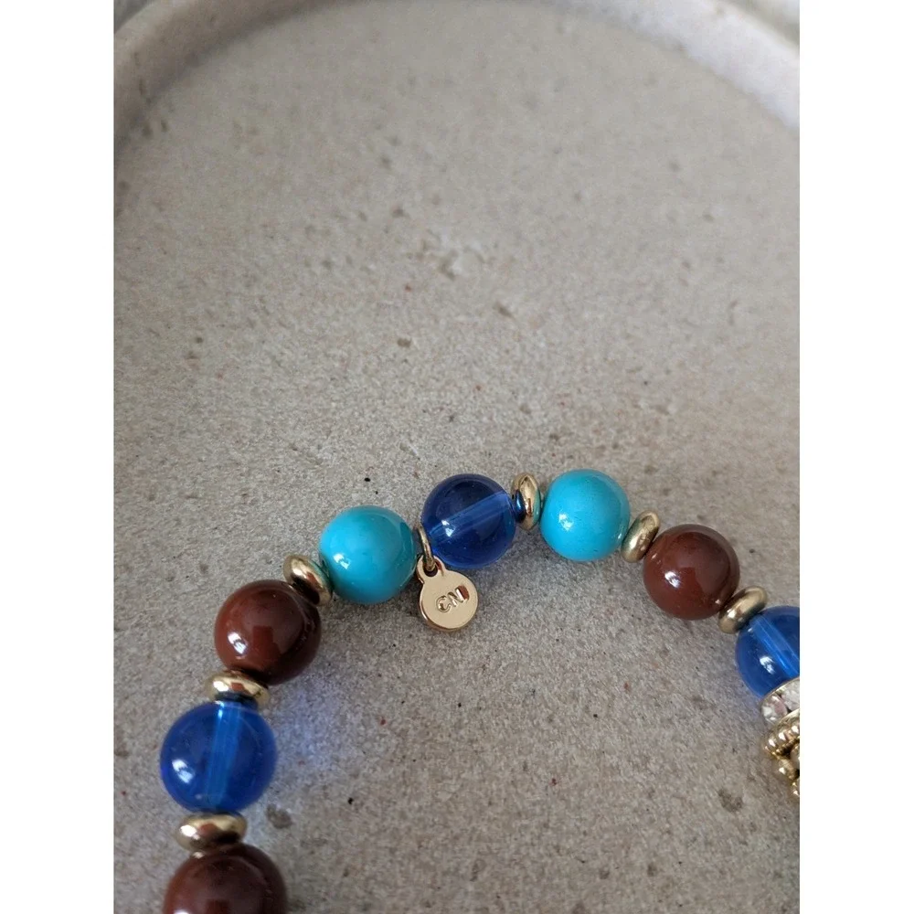 Graziano Stretch Bracelet In Gold Tone & Turquoise Colors Filagree Ball Chunky